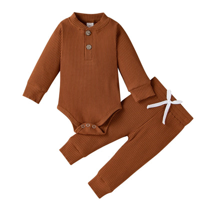 Infant Newborn Baby Girl Boy Spring Autumn Ribbed/Plaid Solid Clothes Sets Long Sleeve Bodysuits + Elastic Pants 2Pcs Outfits